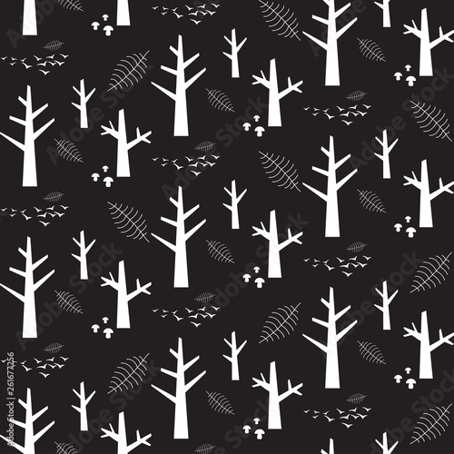 Vector monochrome seamless pattern with white nature elements on a black background