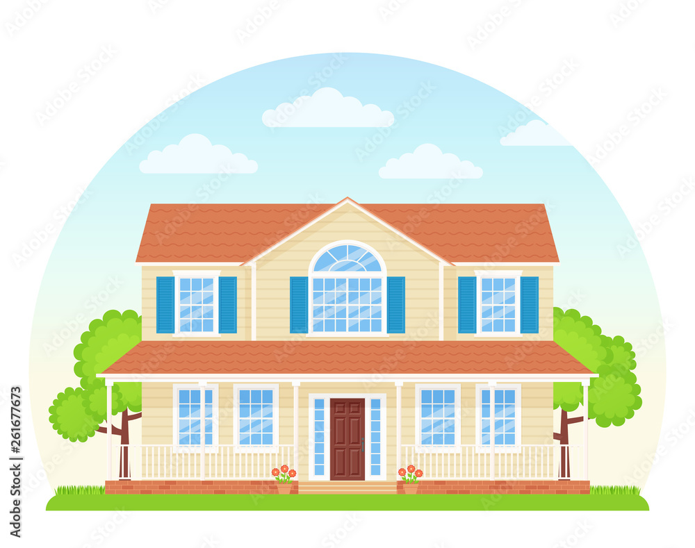 House exterior front view. Vector illustration. Flat design.