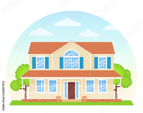 House exterior front view. Vector illustration. Flat design.