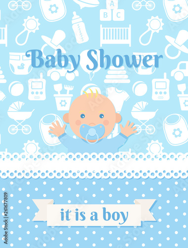 Baby invitation card. Vector. Baby Shower boy design. Cute blue banner. Birth party background. Happy greeting poster. Welcome template invite with newborn kid, polka dot. Cartoon flat illustration.