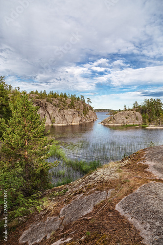 Karelia. Ladoga lake. Skerries of Ladoga lake. Republic of Karelia. Stony islands. Russia. Summer landscape.