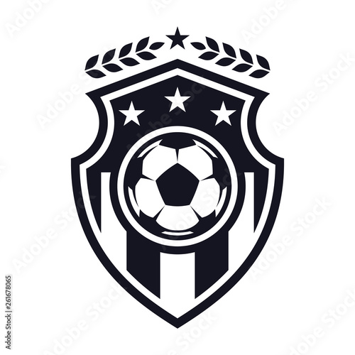 Football flat icon, soccer ball, shield with stars and laurel wreath. Sport games. Vector illustration, isolated on white background. For design logo, emblem, symbol, sign, badge, label, stamp.