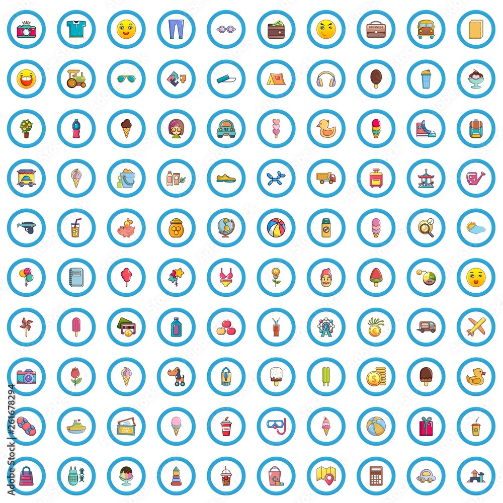 100 summer shopping icons set. Cartoon illustration of 100 summer shopping vector icons isolated on white background