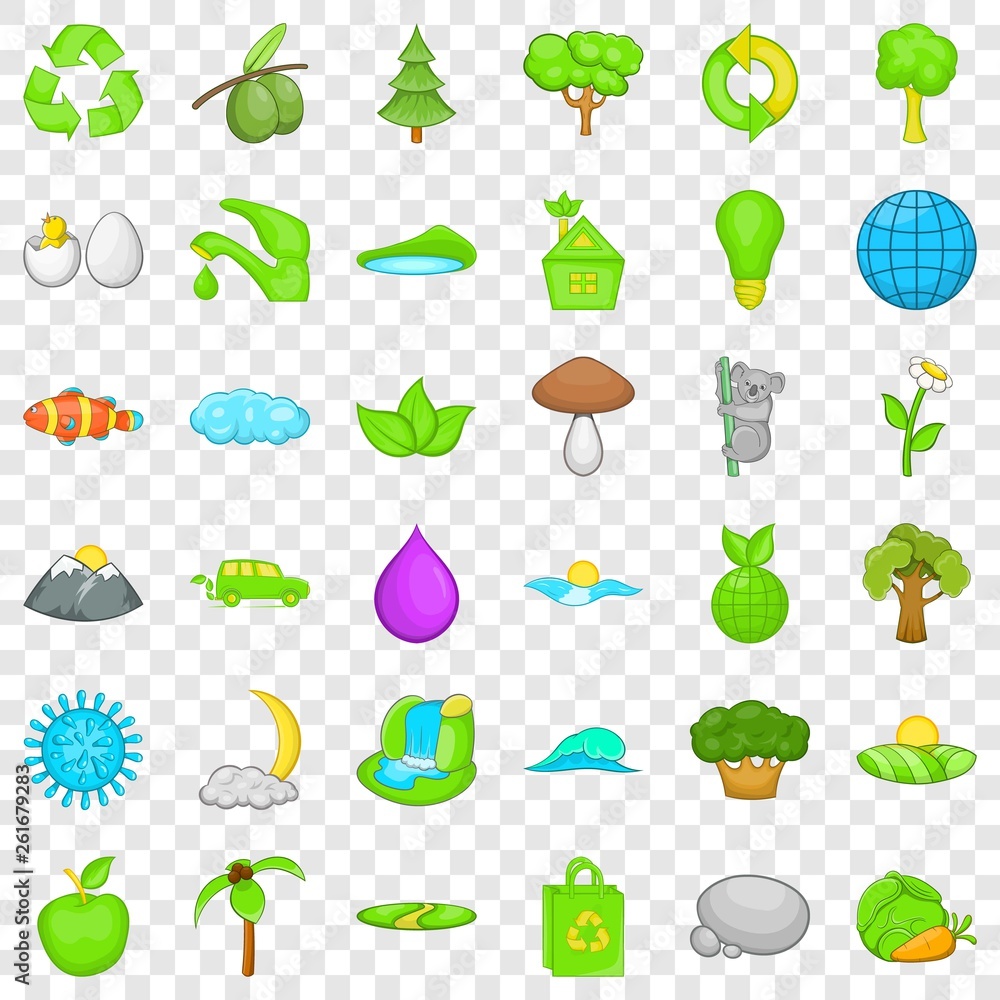 Naklejka premium Green earth icons set. Cartoon style of 36 green earth vector icons for web for any design