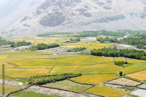 Ishkashim, Tajikistan - Aug 23 2018: Afghanistan Village at Wakhan Valley View from Khaakha Fortress in Ishkashim, Gorno-Badakhshan, Tajikistan. It is located in the Tajikistan and Afghanistan border.