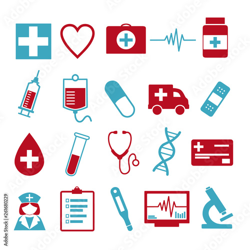 Vector icon set for creating infographics related to medicine and health, like pill, syringe, nurse, ambulance, vial or stethoscope