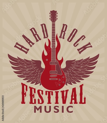 Color illustration of a guitar on fire and text in vintage style. Poster advertising rock music festival