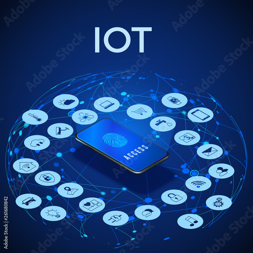 IOT isometric concept. Digital global ecosystem. Monitoring and control by smartphone. Vector illustration