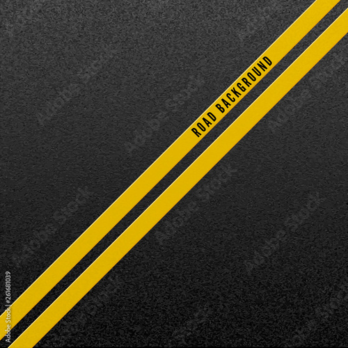 Abstract road background. Structure of granular asphalt. Asphalt texture with two yellow line road marking. Vector illustration
