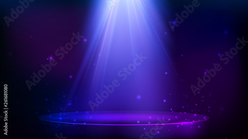 Stage spot lighting. magic light and particles. Blue and purple background. Vector illustration