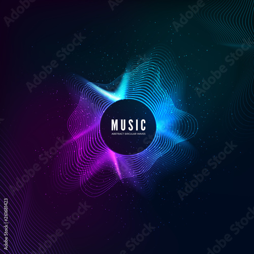Radial sound wave curve with light particles. Colorful equalizer background. Abstract colorful cover for music poster and banner. Vector