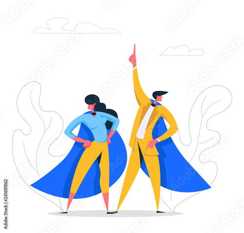 Super Hero Business People Characters in Cape. Leadership Teamwork, Career Growth, Goal Achievement Concept with Successful Businessman and Businesswoman. Flat Vector Cartoon Illustration