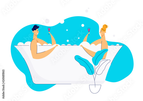 Romantic Dating with Two Lovers in Bath. Happy Couple Relaxing in Bathtub and Drinking Wine. Man and Woman Characters Enjoy Spa Day. Vectot flat cartoon illustration