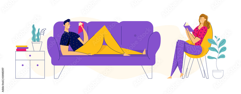 Happy Couple Resting at Home and Reading Books. Man on Sofa and Woman in Armchair with Book. Husband and Wife Relax in Living Room Interior. Vector flat illustration Happy Couple Resting at Home and Reading Books. Man on Sofa and Woman in Armchair with Book. Husband and Wife Relax in Living Room Interior. Vector flat illustration
