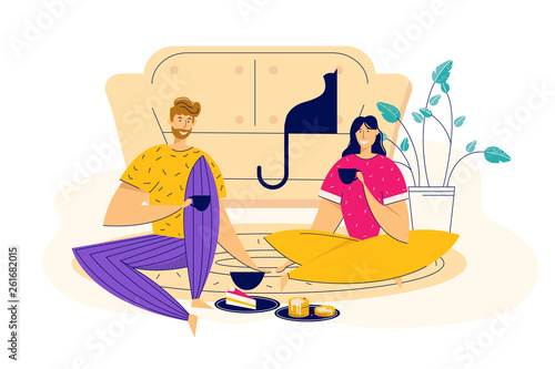 Time Together Concept with Happy Couple Eating Breakfast. Man and Woman Having Lunch at Home. Boyfriend and Girlfriend Romantic Dating. Vector flat cartoon illustration