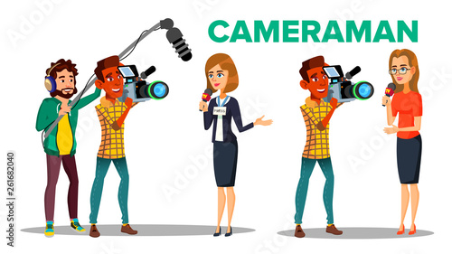 Cameraman Filming Journalist Interview Cartoon Vector Character. Cameraman Using Professional Equipment. Live Television. Press, Mass Media. News, TV Program Broadcasting Flat Illustration