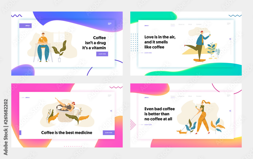 People Characters Drinking Coffee Landing Page Set. Man Skateboarding with Cup of Tea. Woman Walking with Dog and Hot Drink. Guy on Coffee Break Website, Banner. Vector flat cartoon illustration