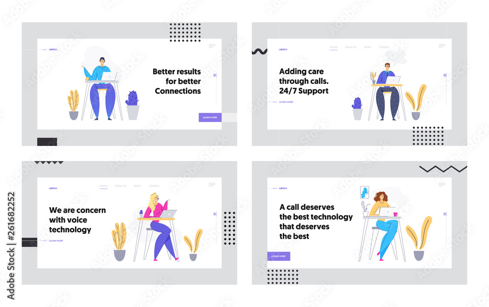 Online Technical Support 24/7 Concept Landing Page Man and Woman Characters Consulting Client via Headset. Online Assistance, Help Line Call Center Operator Website, Banner. Vector flat illustration
