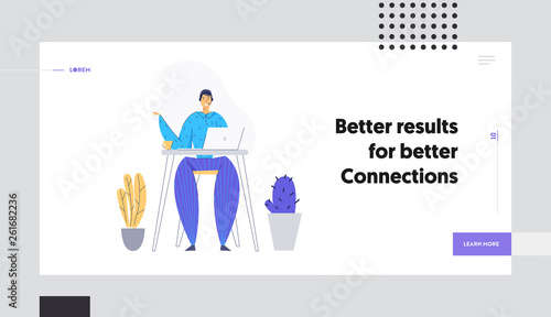 Online Technical Support 24/7 Concept Landing Page with Man Character Consulting Client via Headset. Online Assistance, Male Help Line Call Center Operator Website, Banner. Vector flat illustration