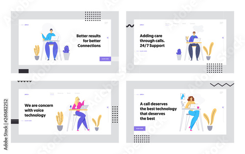 Online Technical Support 24/7 Concept Landing Page Man and Woman Characters Consulting Client via Headset. Online Assistance, Help Line Call Center Operator Website, Banner. Vector flat illustration