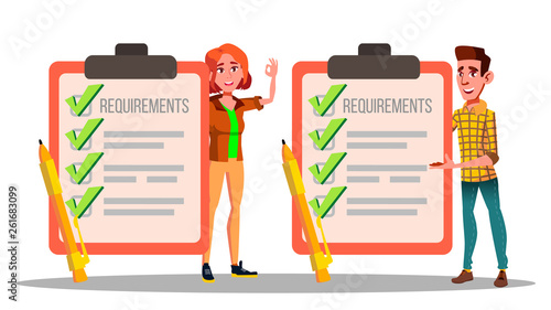 Requirements, Checklist, Schedule, Compliance Vector Drawings Set. Job, Vacancy Requirements Isolated Cliparts Pack. Businessman, Businesswoman Holding Huge Clipboards Flat Illustration