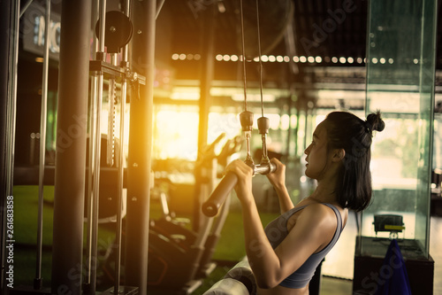 Sports background. Muscular fit woman exercising in fitness gym. on a cable machine simulator. exercise and health concept.