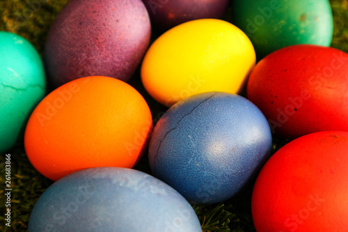 colorful easter eggs on green background macro closeup