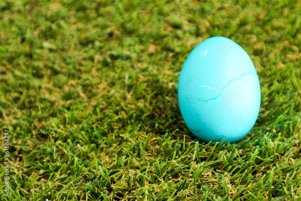Azure easter egg in the green grass closeup Azure easter egg in the green grass closeup