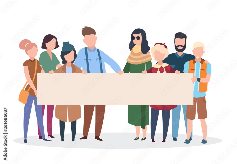 People activists. Men women holding protest banner manifestation. Activist with placard politic parade demonstration. Vector personalization rights pessoas concept