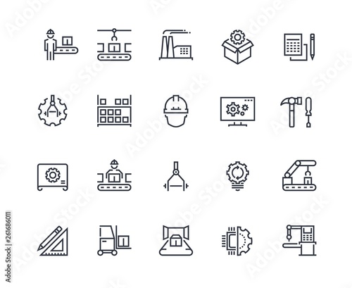 Production line icons. Industry machine production, factory conveyor line, automatic robot manipulator. Industrial vector pictograms template concept engineering set