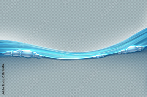Transparent water surface. Realistic wave splash sea water level with bubbles and droplets. Water motion 3D vector design template. Blue fresh liquid ocean backdrop with ripples on surface