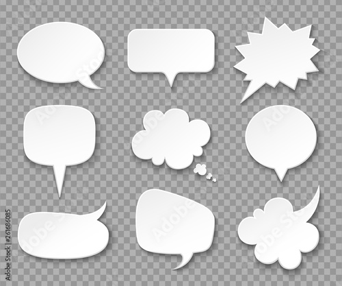 Paper speech bubbles. White blank thought balloons, shouting box. Vintage speech and thinking expression vector bubble set. Speak message cartoon graphic cloud shape