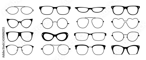 Glasses frames silhouette. Hipster geek sun glasses, optometrist black plastic rims, old fashion style. Vector isolated glasses set looking shape frames ocular