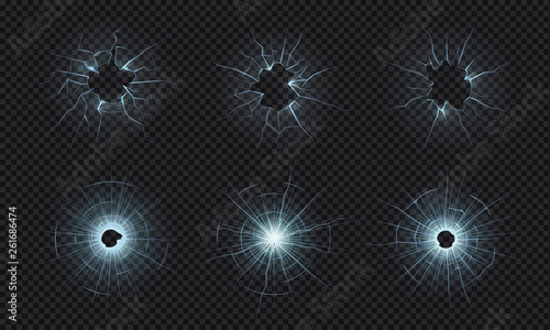 Cracked glass. Texture of broken window, smashed screen effect, bullet holes in crushed transparent glass. Vector cracked screen, shattered mirror, destruction windshield