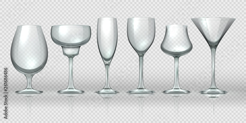 Realistic glass cups. Empty transparent champagne cocktail wine glasses and goblets. Vector realistic 3D crystal glassware design templates for alcohol cocktail whiskey beer and water