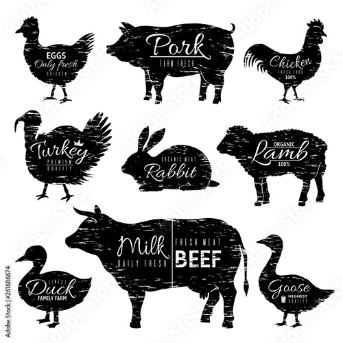 Butcher animals logo. Chicken goat turkey cow pig sheep silhouettes, farm animal butchery shop. Vector vintage isolated black silhouette logos on white background