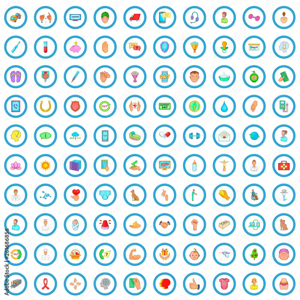 100 support and care icons set in cartoon style for any design vector illustration 100 support and care icons set in cartoon style for any design vector illustration