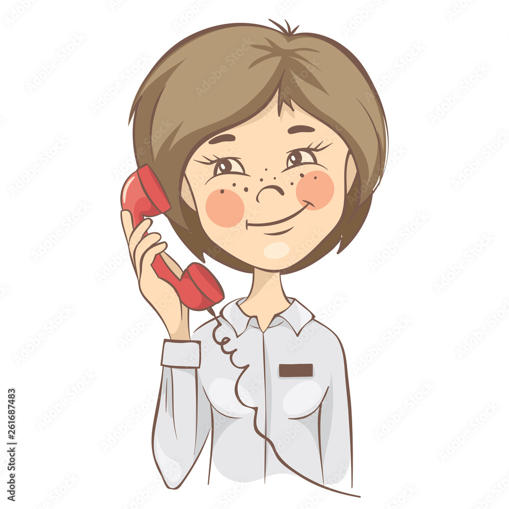 Administrator. Young woman takes a phone call, vector illustration. Administrator. Young woman takes a phone call, vector illustration.