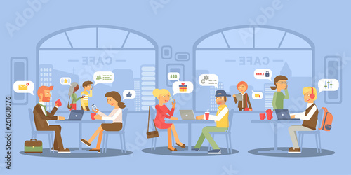 People meeting in cafe flat vector illustration