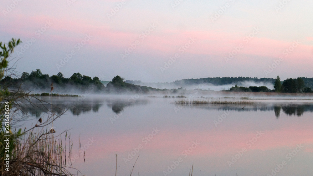 Morning dawn of the sun through the mist over the water. Early morning in the forest on the river.