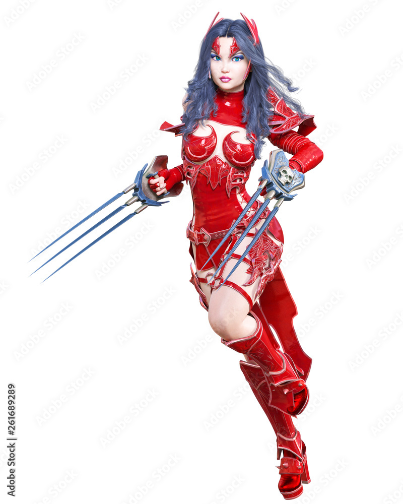 Warrior amazon woman sword and metal blade.Long dark hair.Elven warrior.Comic hero.Muscular athletic body.Girl standing aggressive pose.Conceptual fashion art.3D rendering isolate illustration Warrior amazon woman sword and metal blade.Long dark hair.Elven warrior.Comic hero.Muscular athletic body.Girl standing aggressive pose.Conceptual fashion art.3D rendering isolate illustration