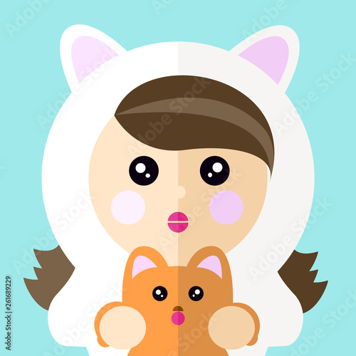 Illustration of an otaku girl dressed as a white cat holding a fluffy orange cat.