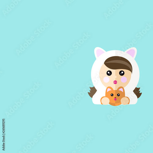 Illustration of an otaku girl dressed as a white cat holding a fluffy orange cat. photo