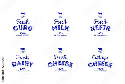 Cow milk, kefir, curd, cheese, cottage cheese, dairy products logotype or label. Vector 