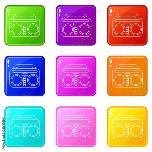 Vintage boombox icons set 9 color collection isolated on white for any design