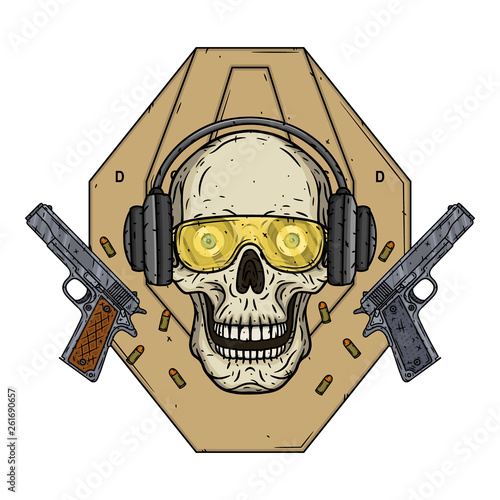 Skull shooter on the background of the target, glasses, headphones and two pistols.