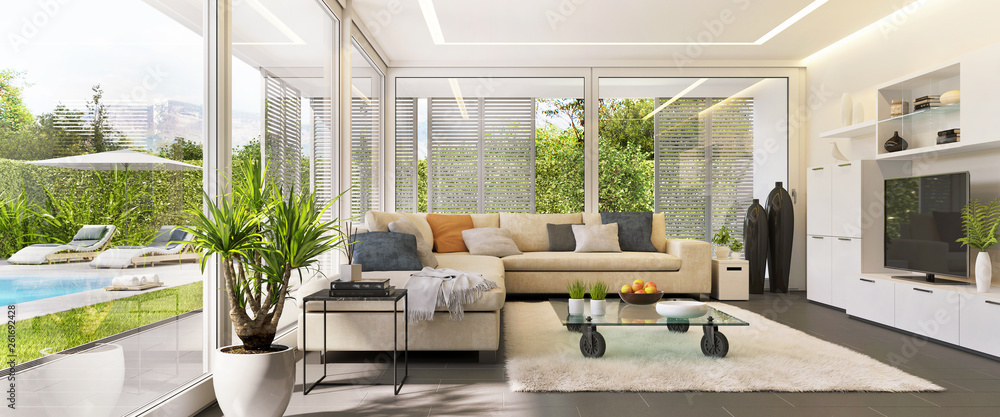 Interior design of a living room in a modern house with an open terrace ...