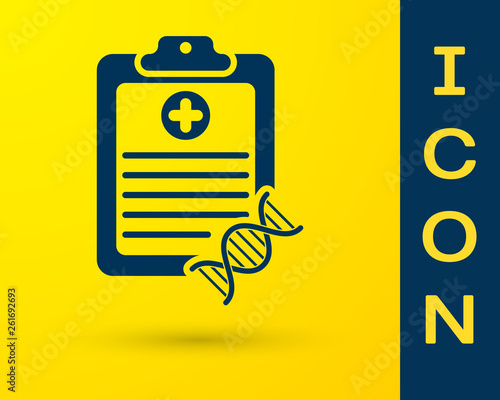 Blue Clipboard with DNA analysis icon isolated on yellow background. Genetic engineering, genetics testing, cloning, paternity testing. Vector Illustration