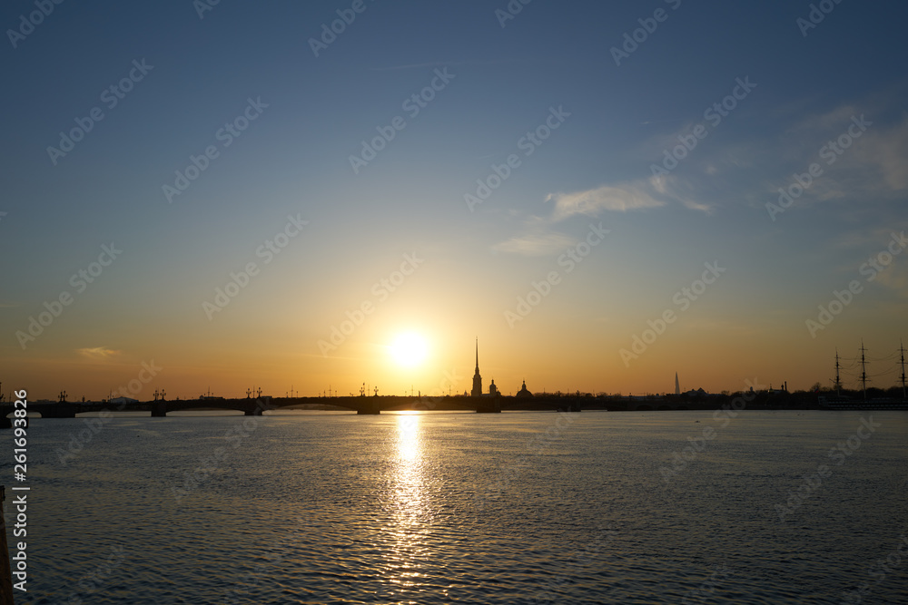 sunset over the river, Saint Petersburg view of the city of Peter and Paul Tower and the new tower lahta center.