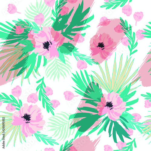 Fototapeta Naklejka Na Ścianę i Meble -  Beautiful Exotic Flowers and Leaves Pattern Vector  Illustration for Surface , Invitation , Notebook, Banner , Wrap Paper